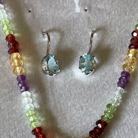STERLING SILVER 925 MULTICOLORED GEMSTONE NECKLACE/EARRINGS SET - Picture 5 of 5